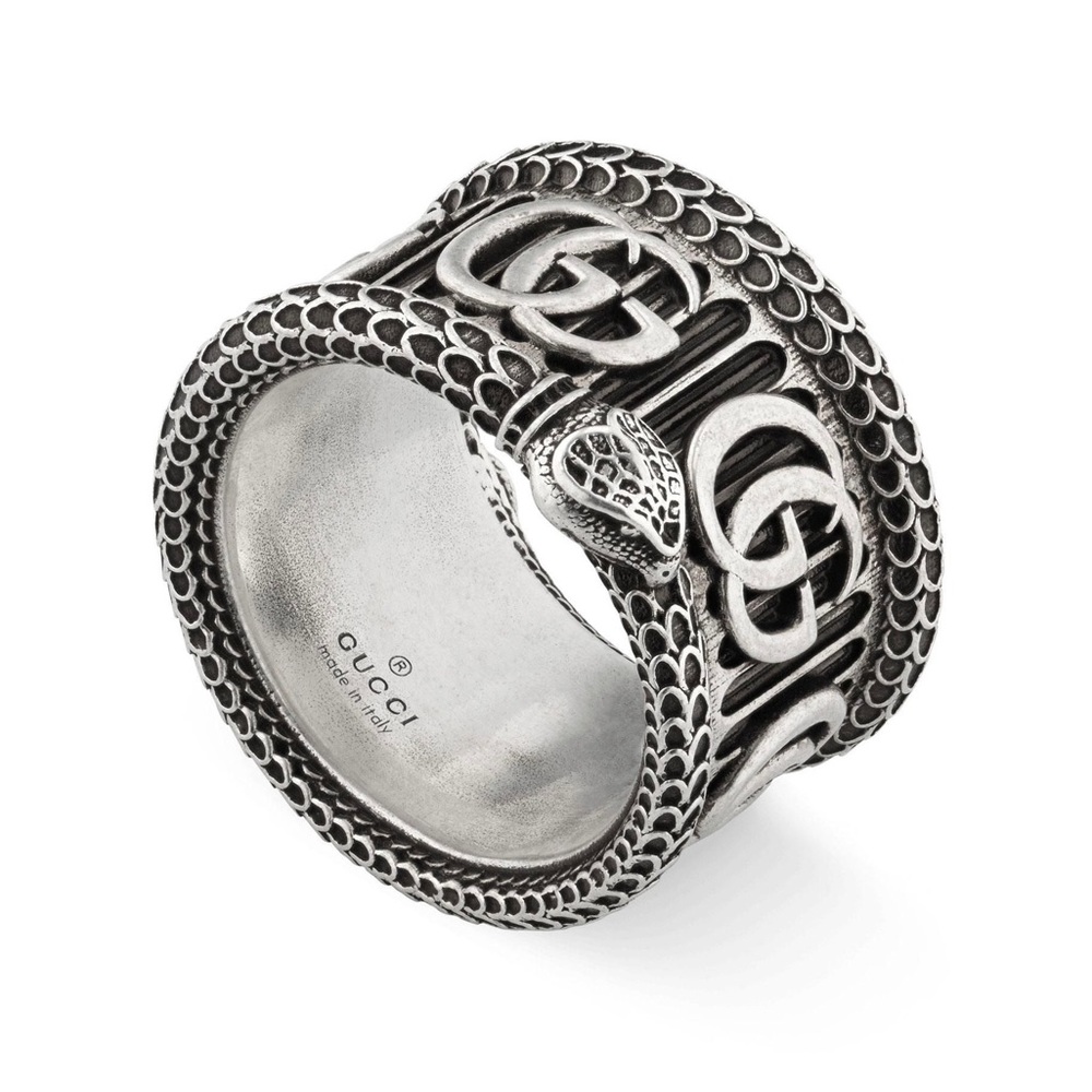 GUCCI GG Marmont Logo Snake 925 Sterling BiSilver Luxury  Jewelry Ring NWT ITALY